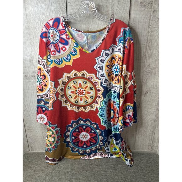 Other Tops - Womens Plus Size 2X V-Neck Tunic Top Multicolor Red Mandala Floral Print